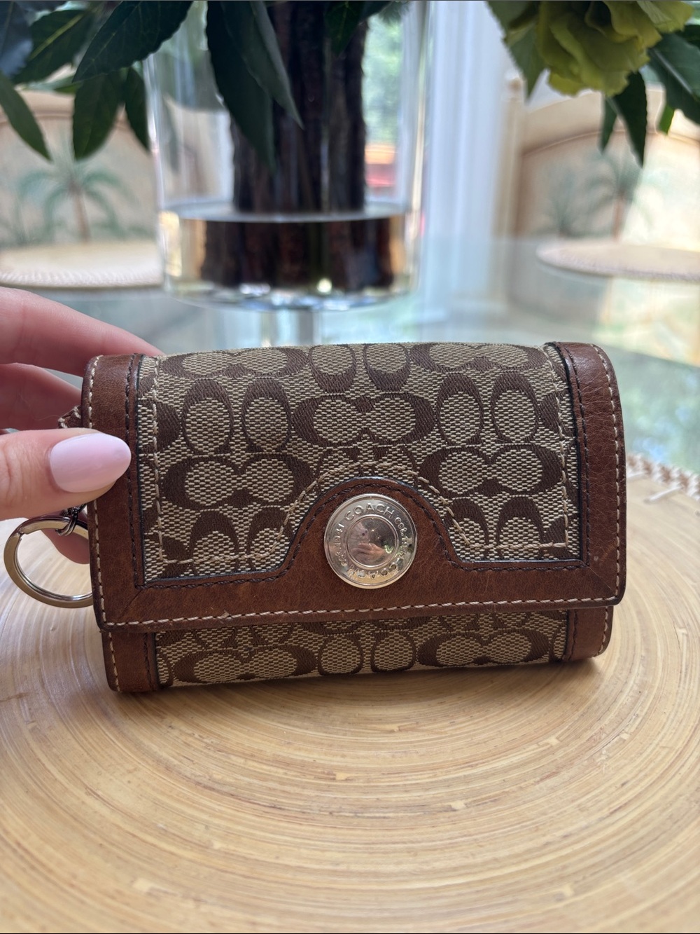 SOLD SOLD SOLD Coach Brown Signature Monogram Key Pouch with Leather Trim